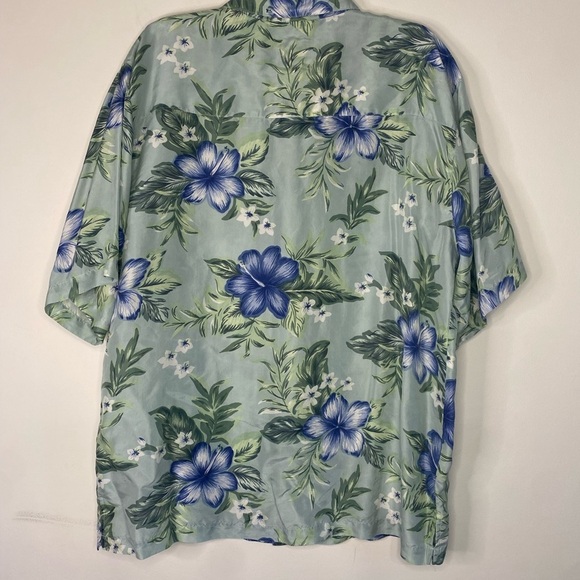 Mens Silk Traders Green Floral Hawaiian Short Sleeve Button Up Silk Shirt Large - Picture 7 of 8